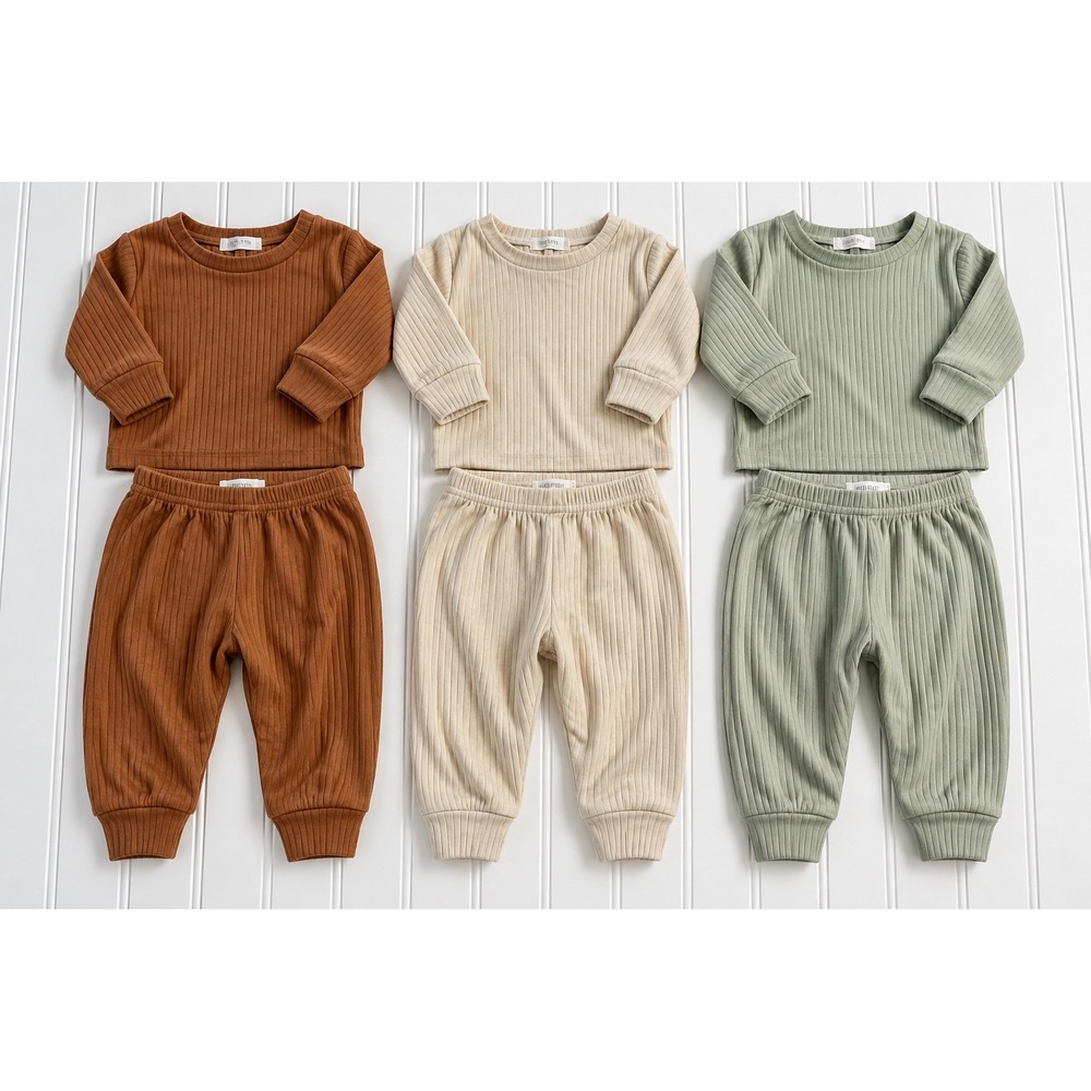 Baby Barn Ribbed Lounge Set Bundle 3pk Organic Cotton Rust Cream Sage 6-12M